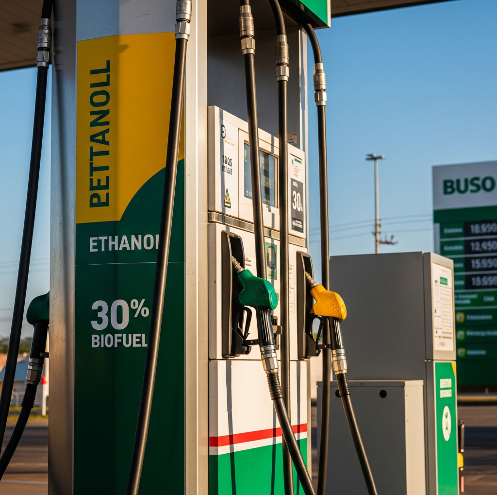 Bomba de gasolina em um posto de gasolina representando a mudança no teor de álcool na gasolina.