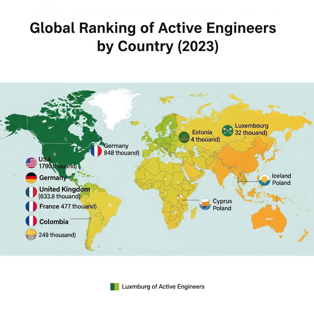 Mapa-múndi destacando os 5 países com o maior número de engenheiros ativos e os 5 países com o menor número de engenheiros ativos. Use um gradiente de cores que vai do verde escuro (maior número de engenheiros) ao amarelo claro (menor número de engenheiros). Marque os 5 países com o maior número (EUA, Alemanha, Reino Unido, França, Colômbia) com ícones ou alfinetes em negrito e o número exato de engenheiros ativos em milhares ao lado de cada país. Marque os 5 países com os menores números (Luxemburgo, Estônia, Islândia, Chipre, Polônia) com ícones menores e discretos e seus números aproximados. Inclua uma legenda clara mostrando a escala de cores e um título na parte superior: "Classificação Global de Engenheiros Ativos por País (2023)". O estilo deve ser limpo, moderno e adequado para um público técnico. Use fontes fáceis de ler e espaçamento equilibrado.
